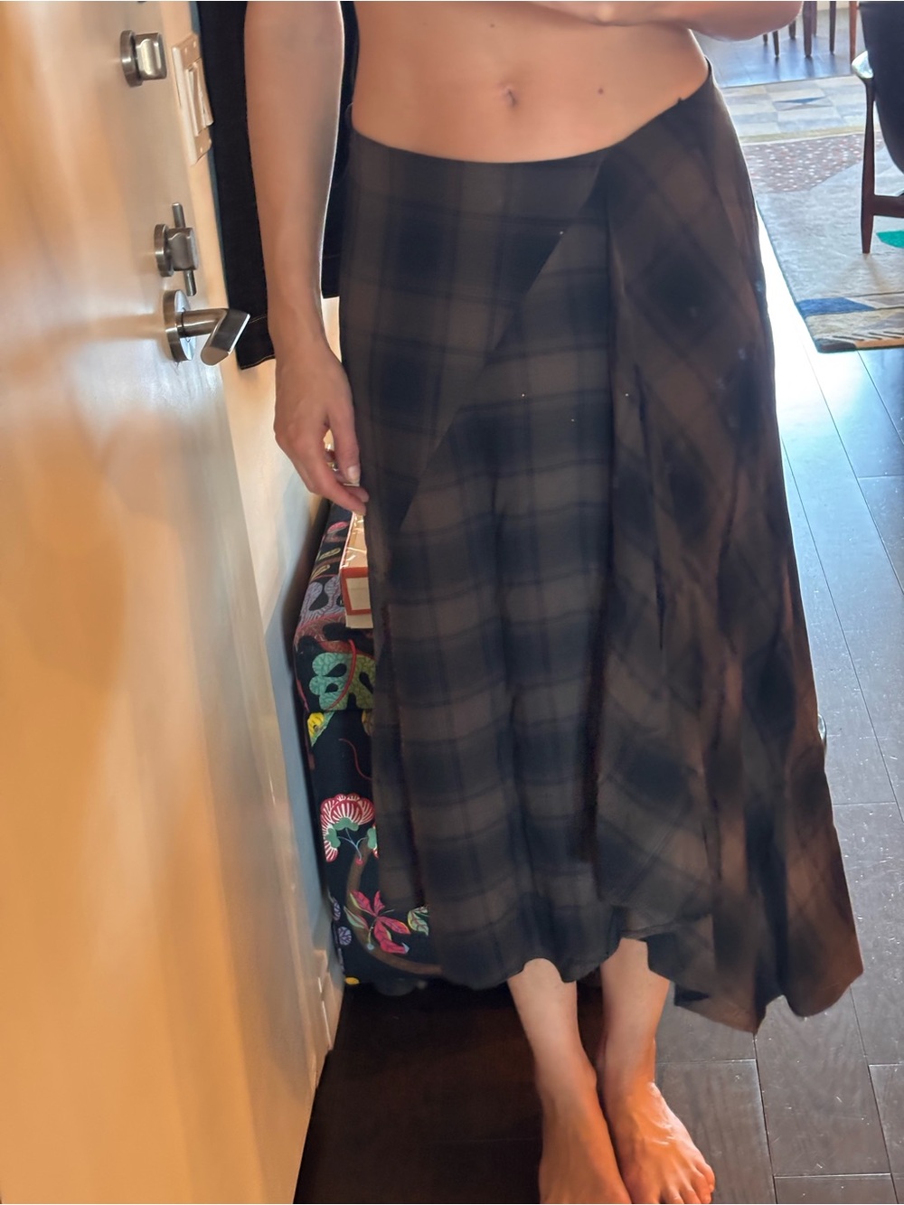 Zara Black Plaid Midi Skirt